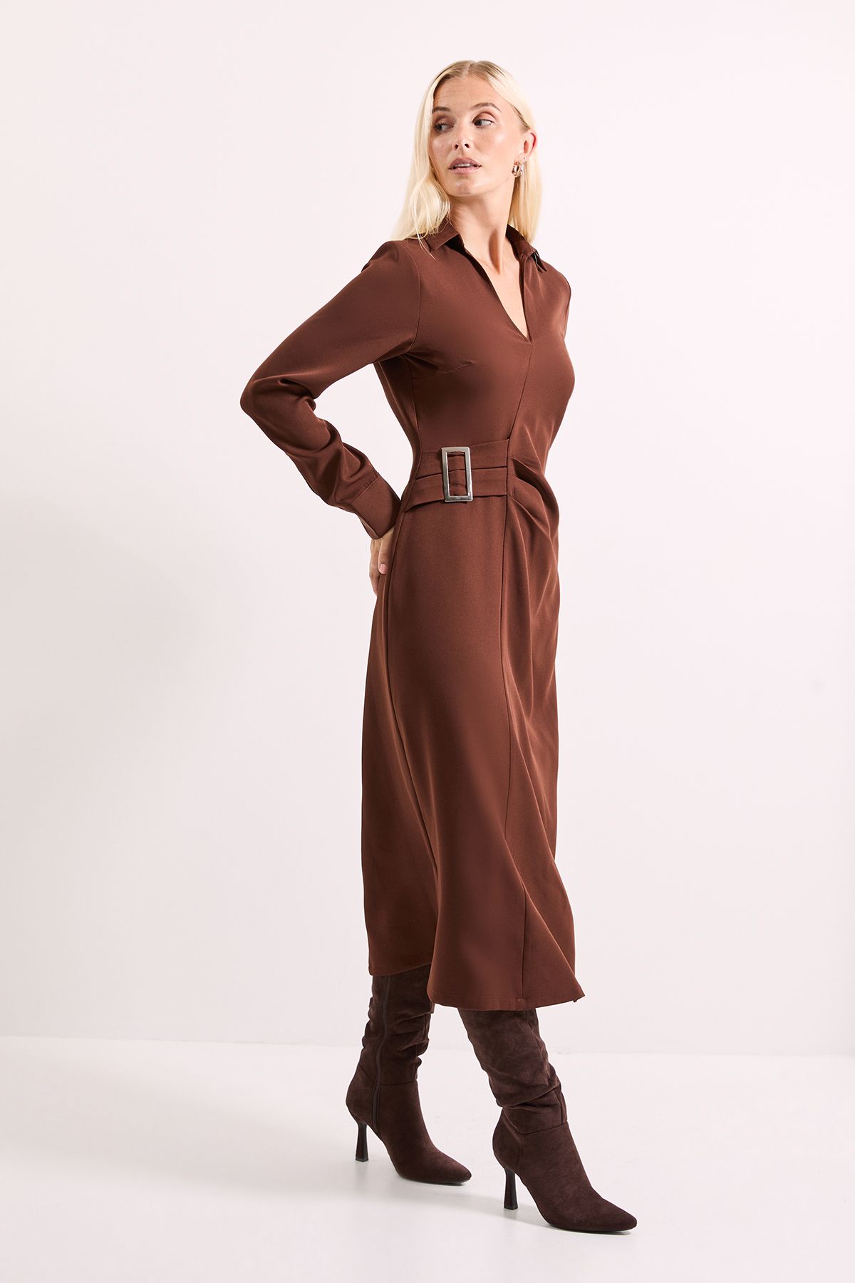 Principles Brown Wrap Buckle Detail Crepe Midi Dress Brown image 4