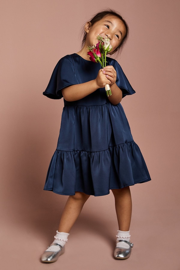 Coast Girls Satin Back Crepe Tiered Angel Sleeve Dress Navy