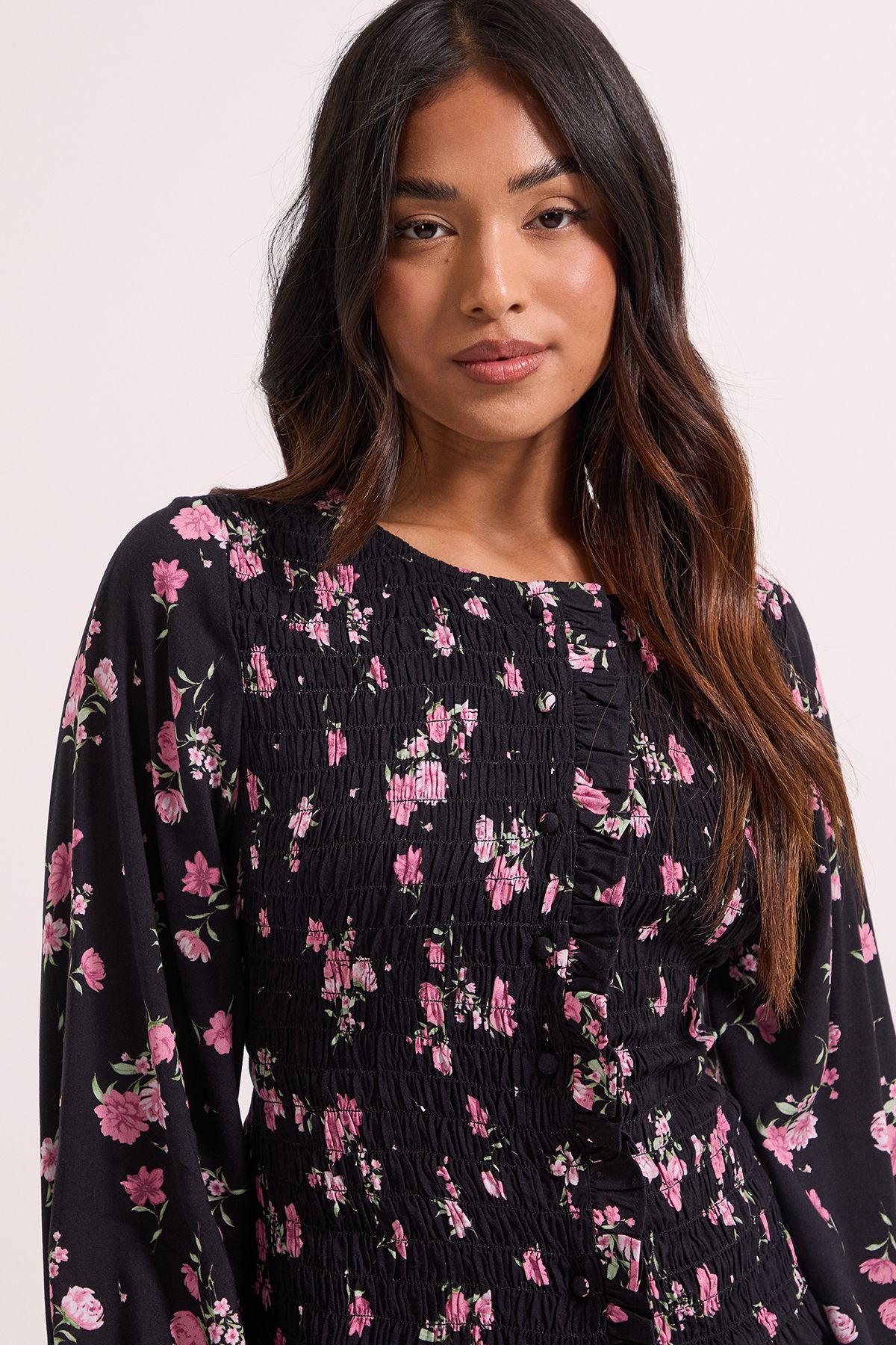 Dorothy Perkins Petite Shirred Bodice Button Through Top Pink image 3