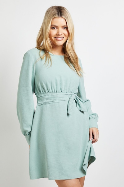 Dorothy Perkins Bow Waist Long Sleeve Mini Dress Sage