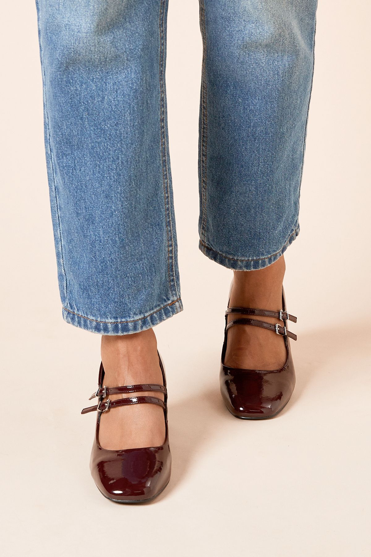 Dorothy Perkins Wide Fit Dawn Faux Patent Leather Double Mary Jane Mid Block Heel Court Shoes Dark Red image 3