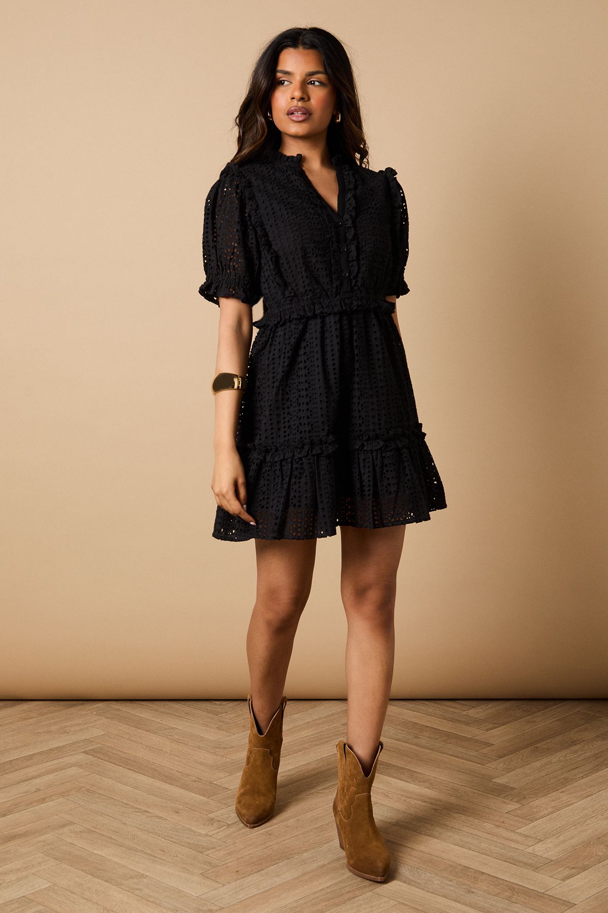 Oasis Petite Broderie Frill Detail Button Down Mini Dress Black