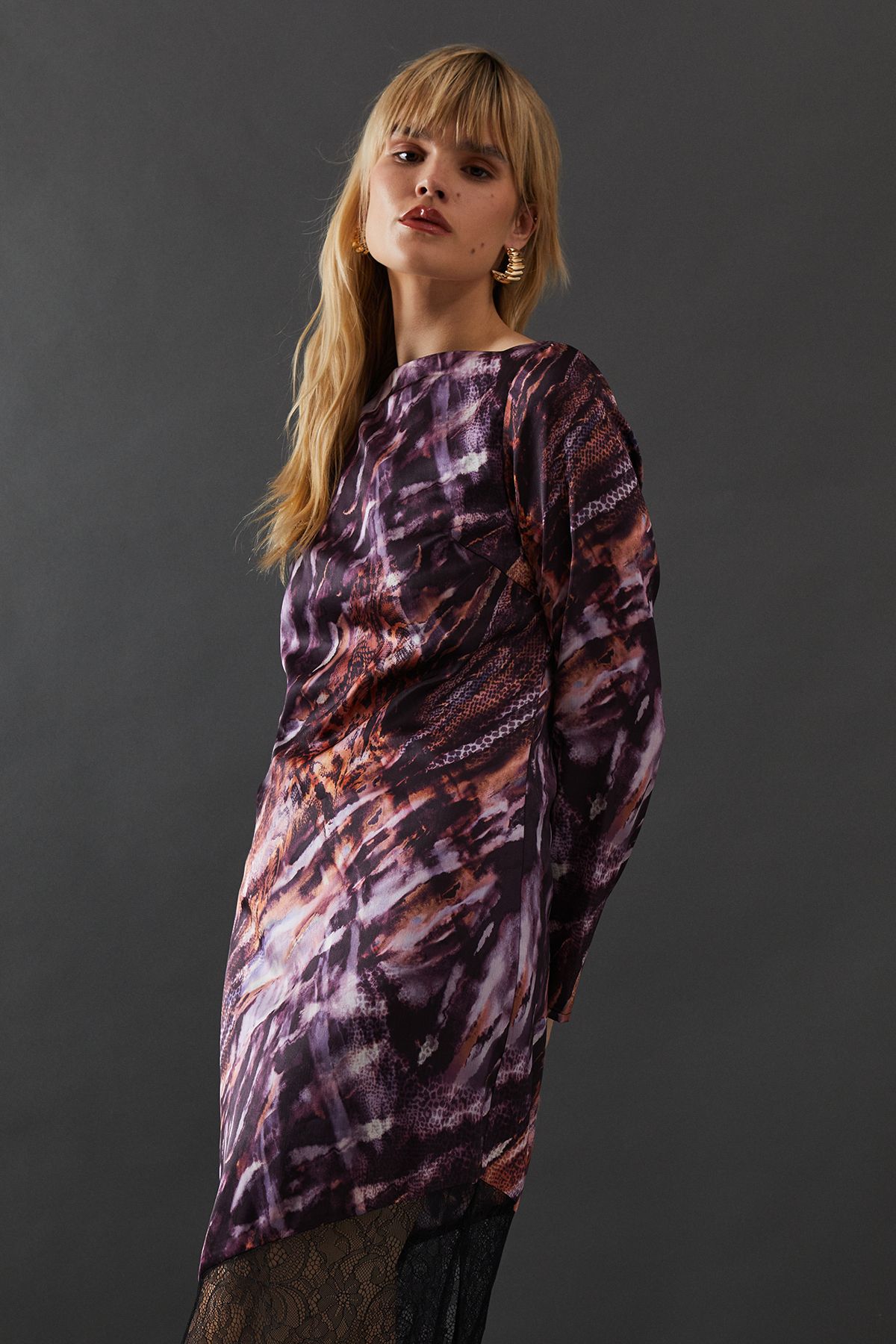 Warehouse Marble Satin Column Lace Panel Midi Dress Multi image 4