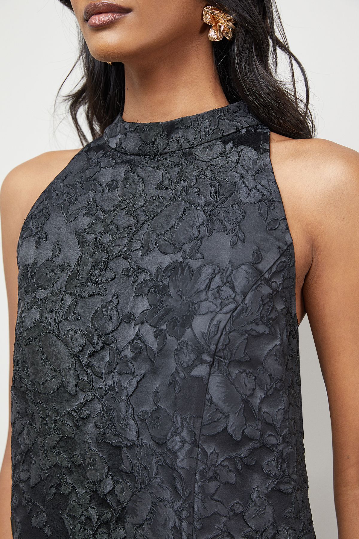 Warehouse Jacquard High Neck Drop Hem Mini Dress Black image 5