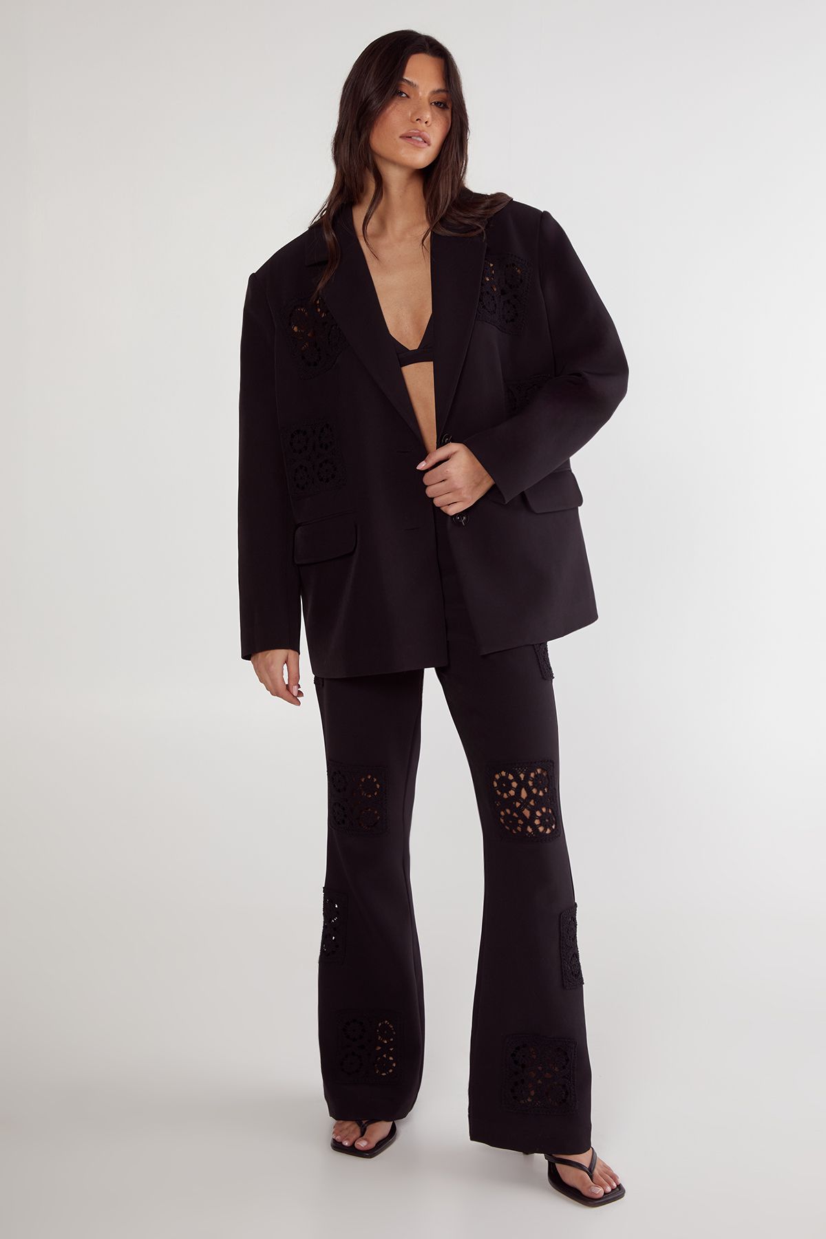 NastyGal Tailored Crochet Insert Oversized Blazer Black image 2