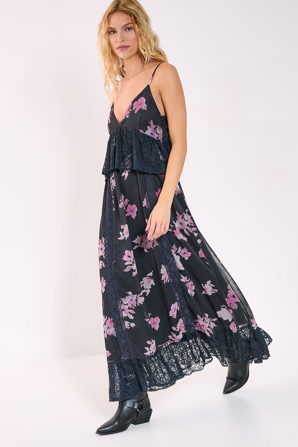 NastyGal Floral Chiffon Lace Ruffle Maxi Dress Black image 3