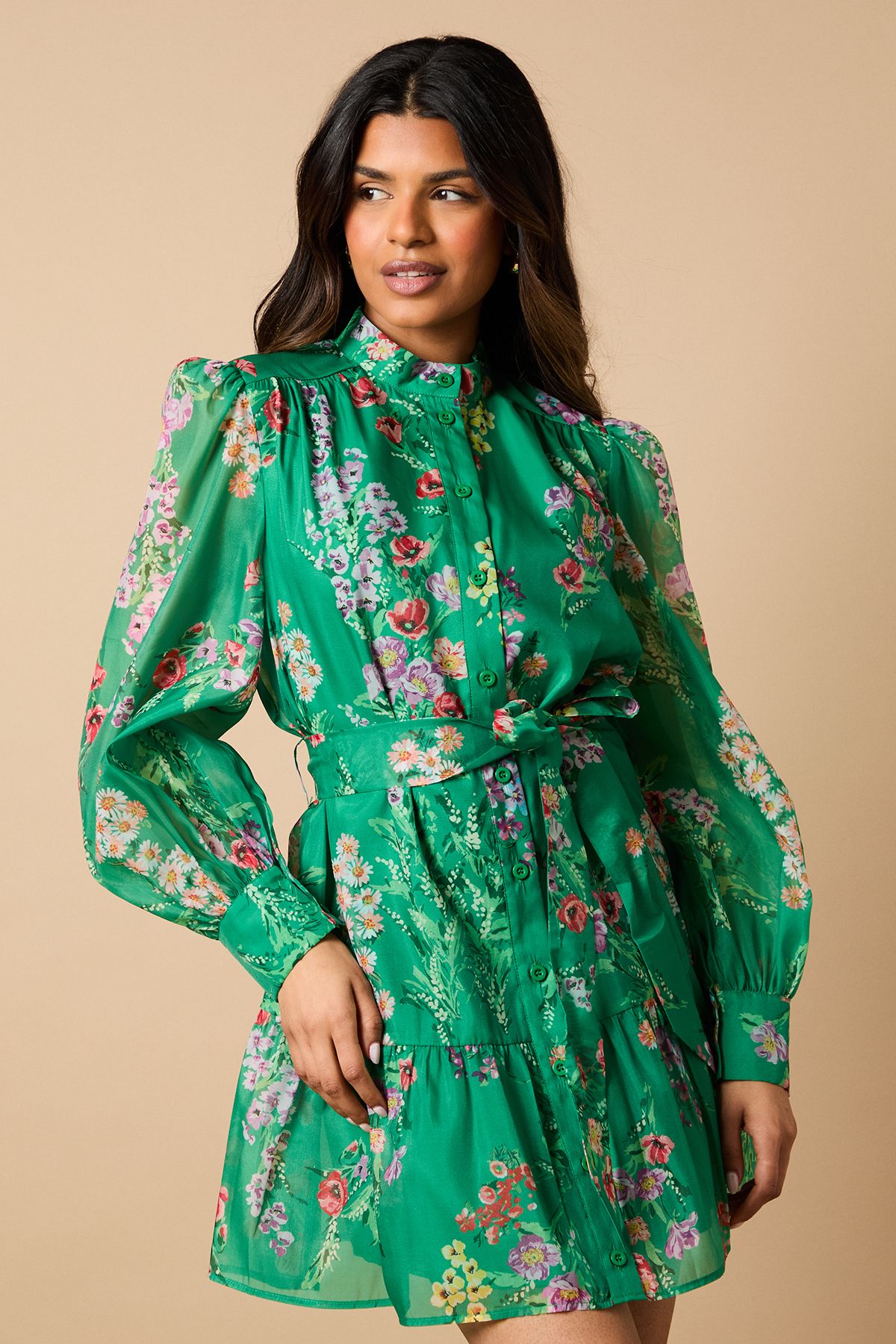Oasis Petite Green Floral Organza Mini Shirt Dress Green image 4