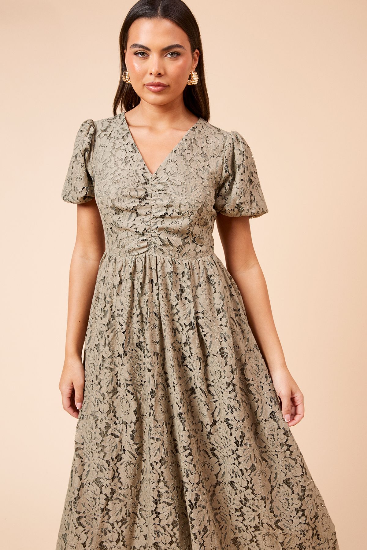 Dorothy Perkins Khaki Lace Ruched Front Midi Dress Khaki image 2