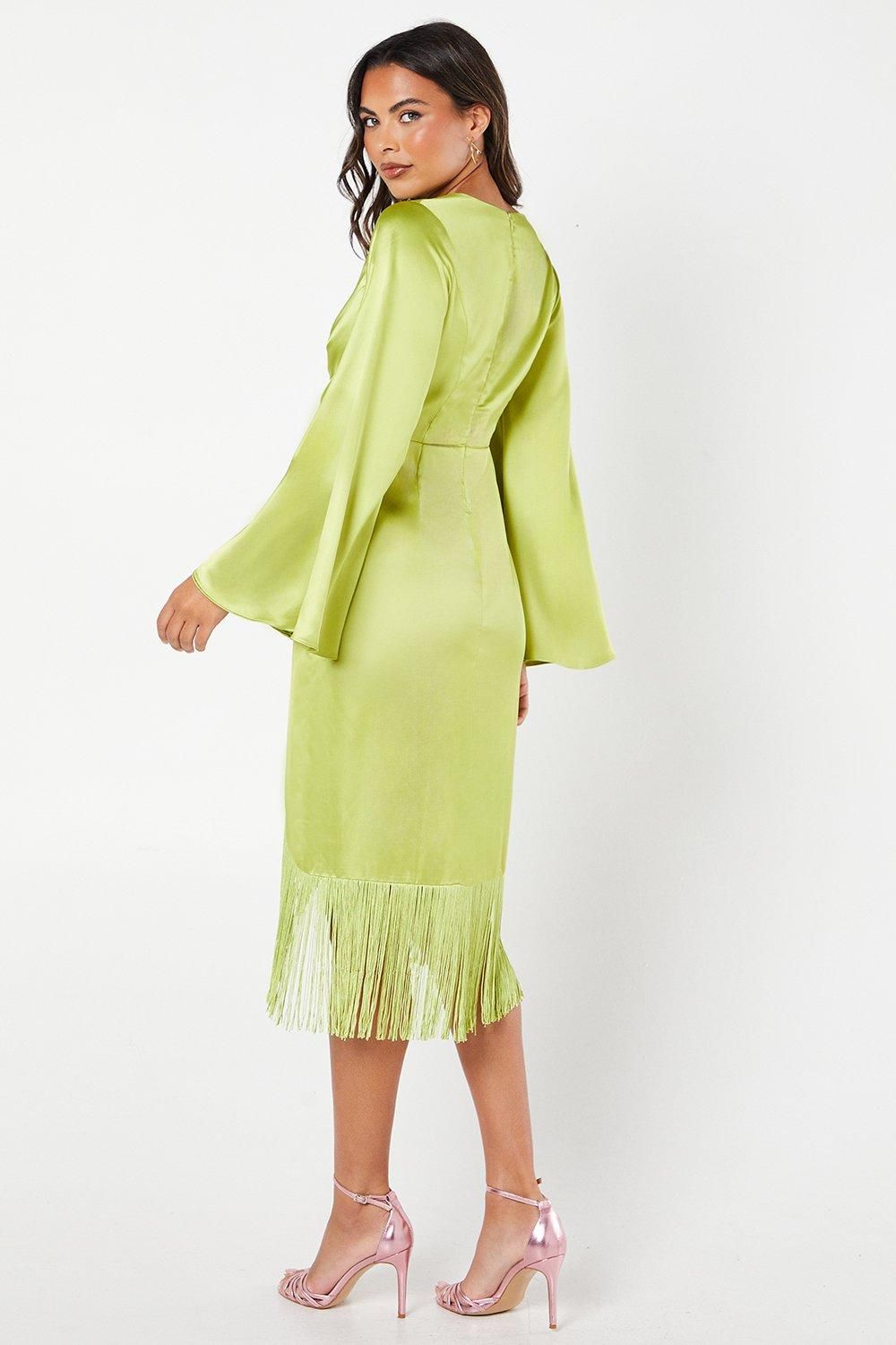 Coast Satin Fringe Hem Wrap Waist Midi Dress Chartreuse image 3