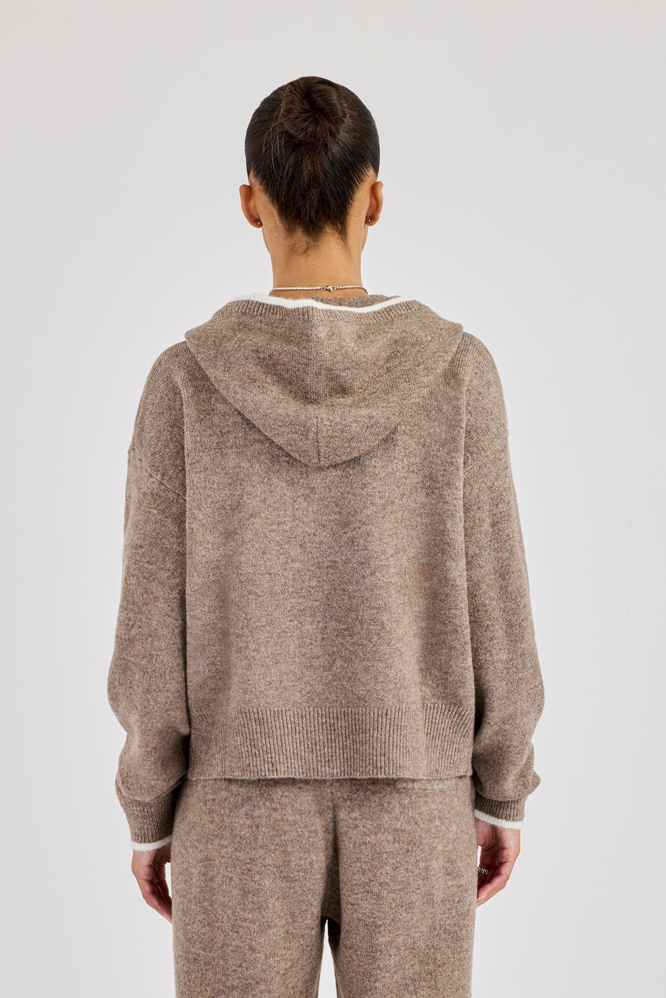 Cernucci Knitted Zip Through Hoodie With Contrast Tipping - Taupe image 3