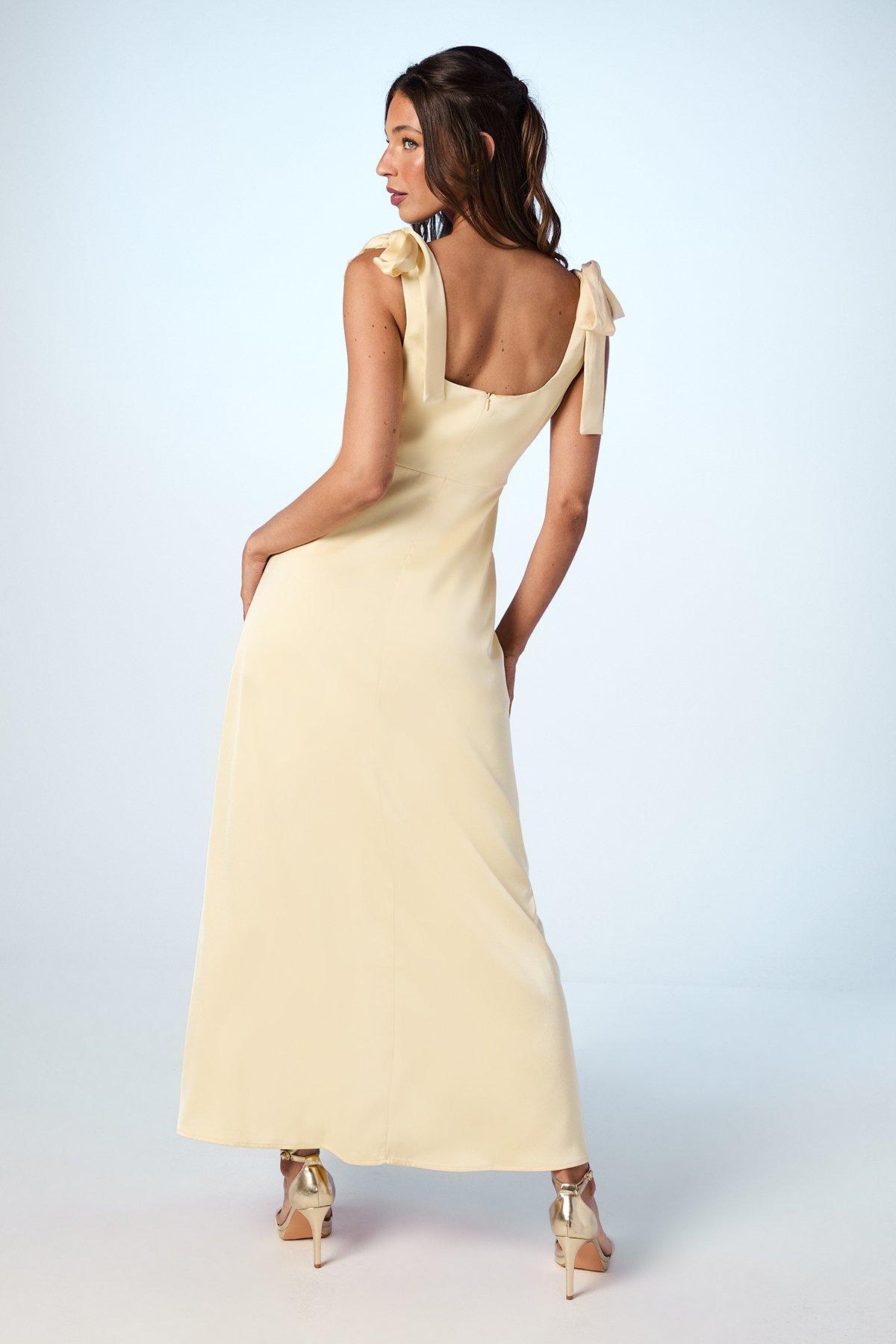 Oasis Satin Tie Shoulder Midi Bridesmaids Dress Butter image 3
