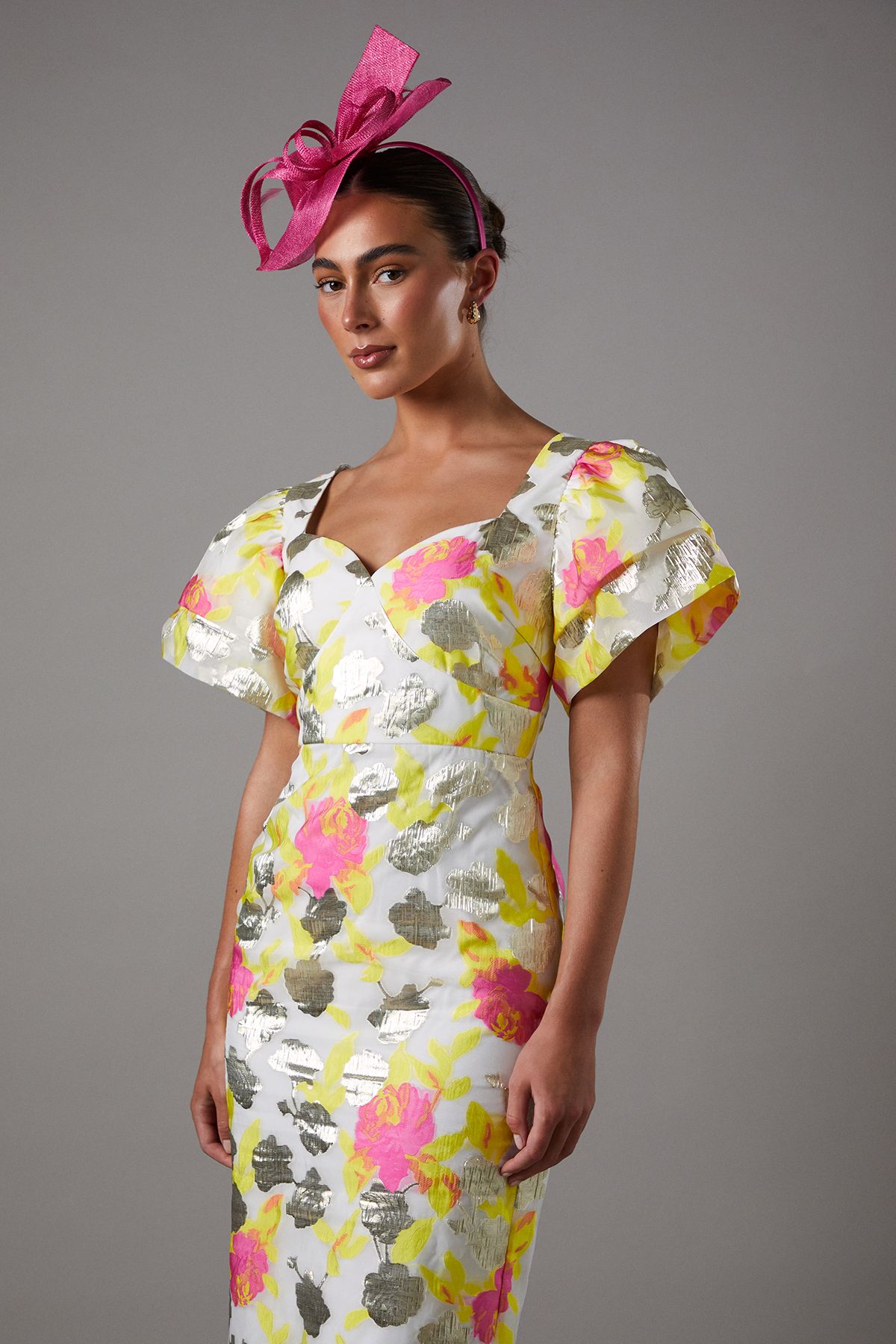 Coast Metallic Jacquard Volume Sleeve Midi Dress Yellow image 4