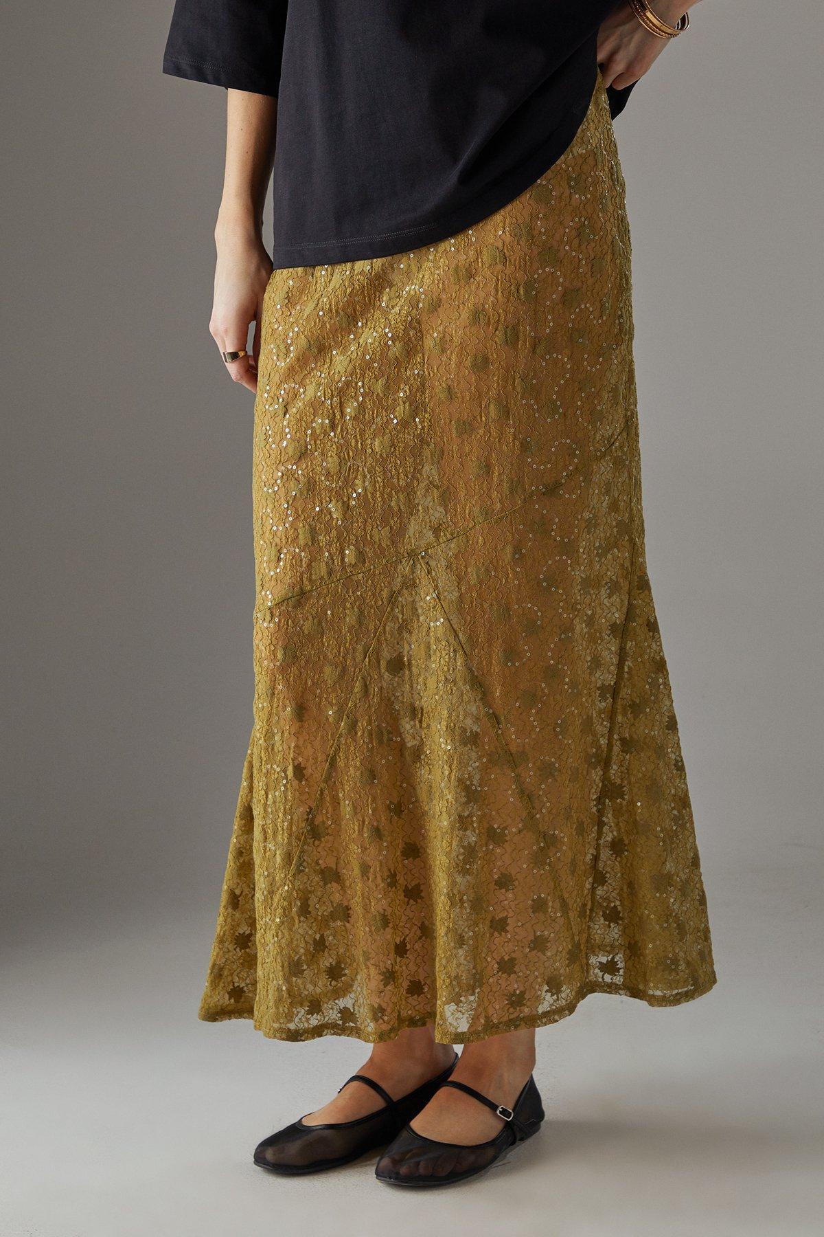 Warehouse Sheer Lace Fishtail Maxi Skirt Khaki image 2