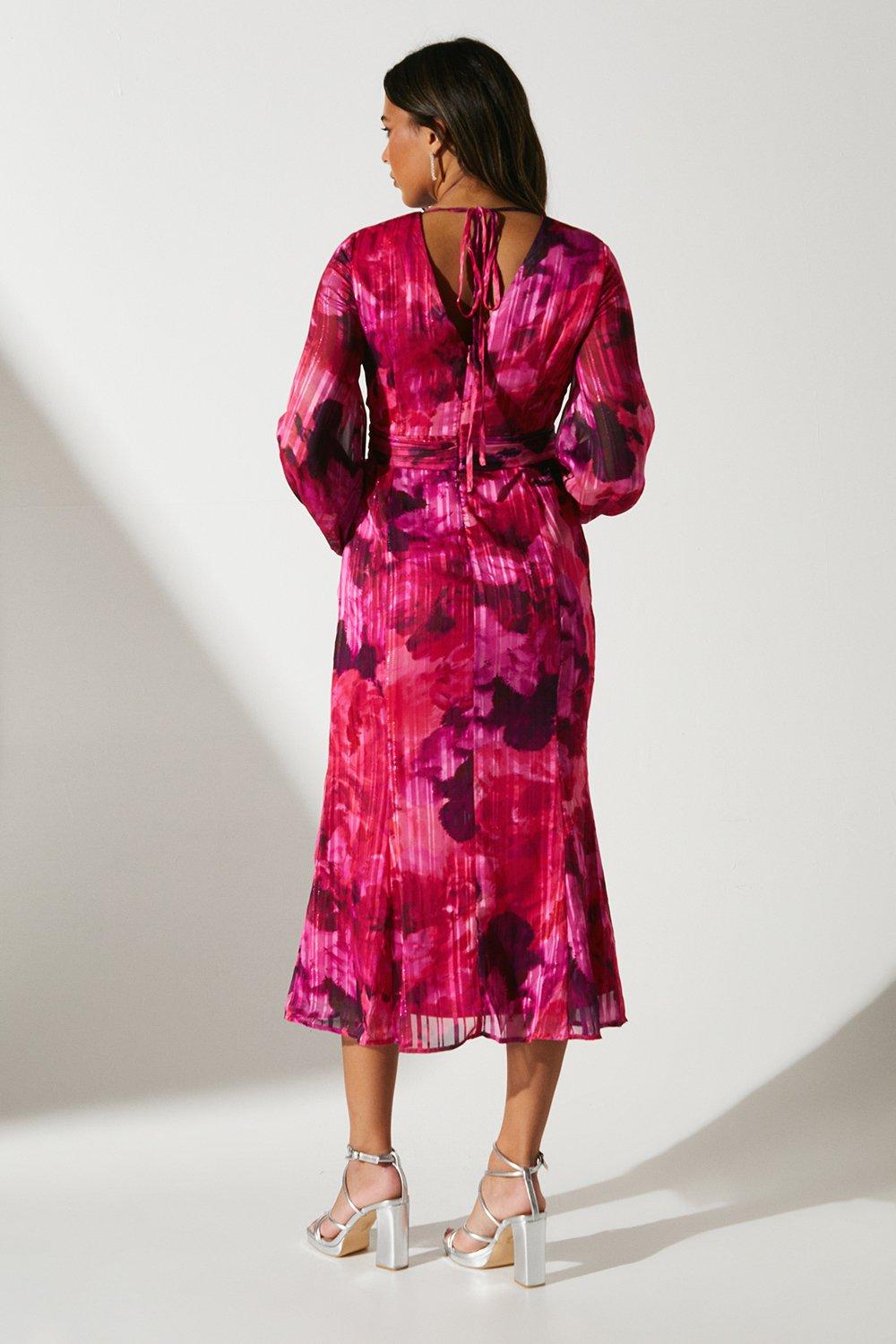 Coast Blouson Pleat Waist Burnout Midi Dress Pink image 3