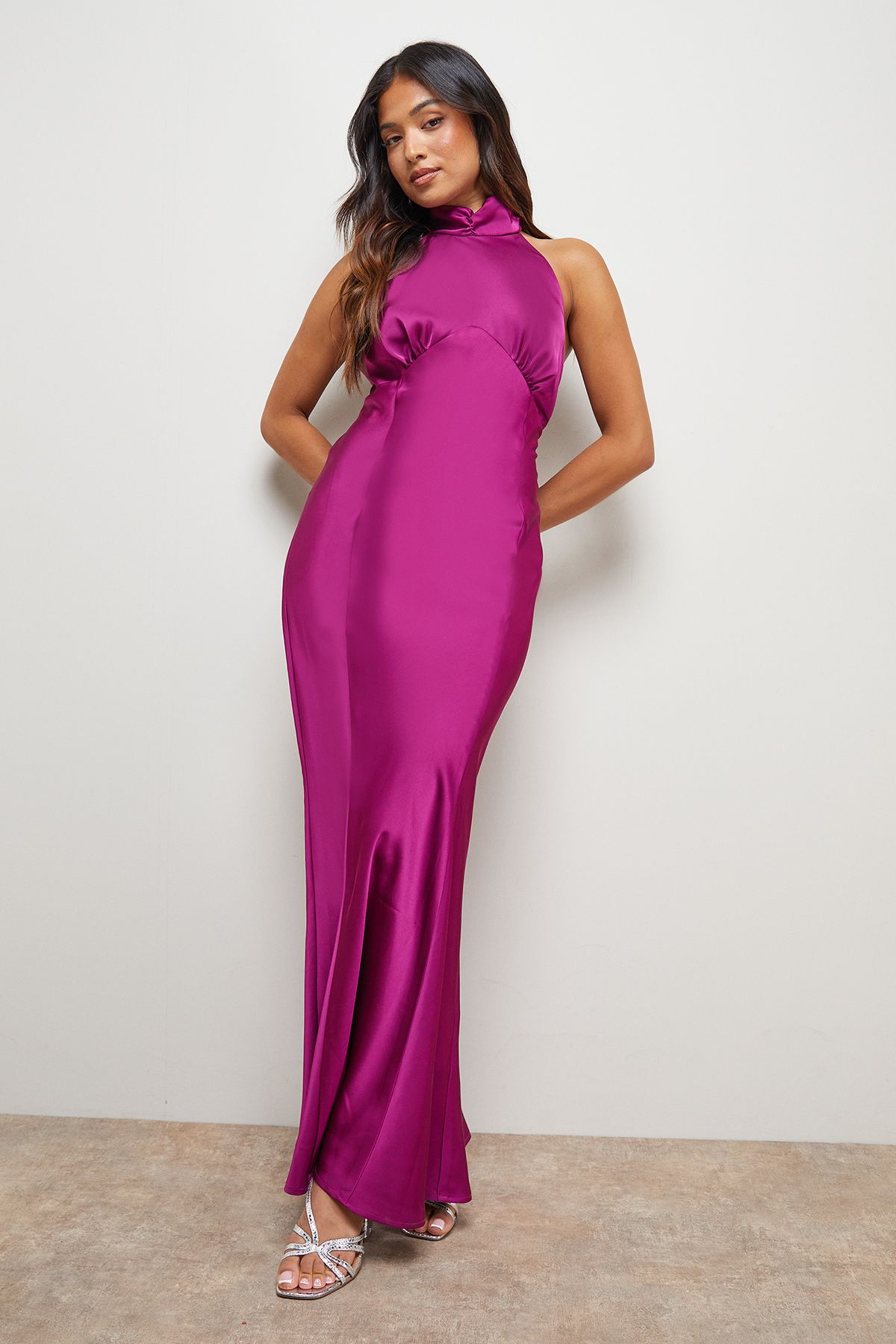 Oasis Petite Satin Halterneck Bias Midi Dress Fuchsia image 1