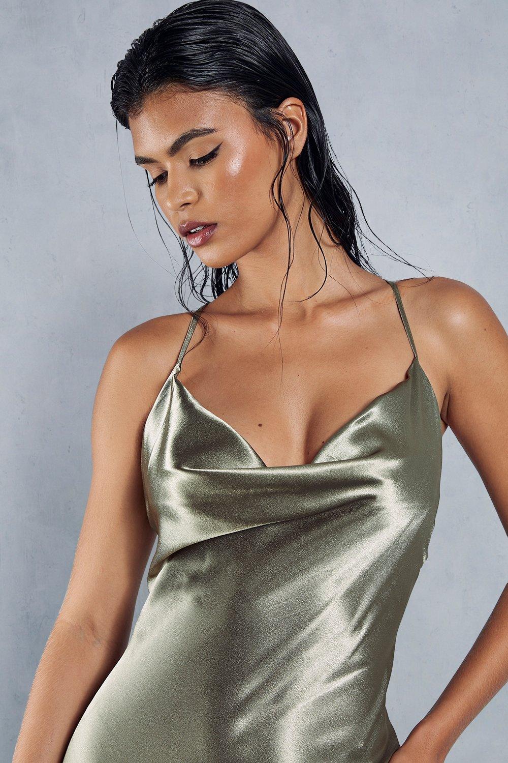 MissPap Metallic Satin Cowl Neck Neck Split Leg Maxi Dress Green image 2