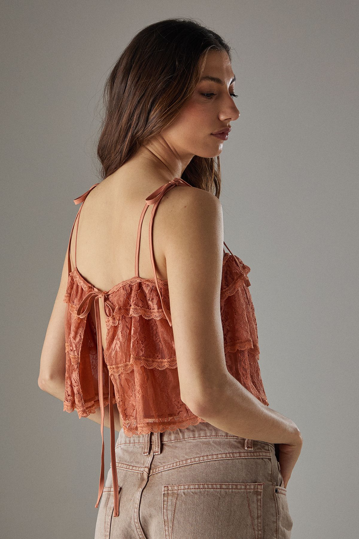 Warehouse Bohemian Lace Strappy Cropped Cami Top Tan image 4