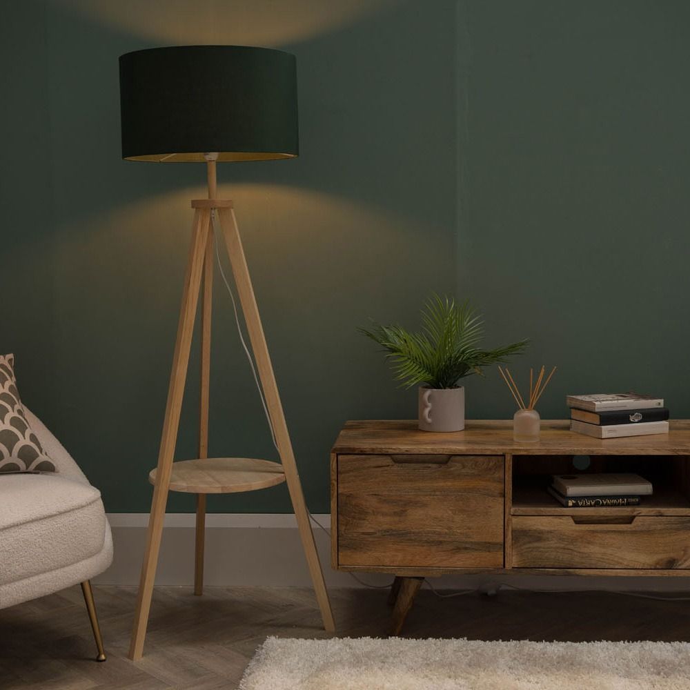 ValueLights Morrigan Natural Wood Tripod Floor Lamp with Fabric Drum Lamp Shade image 3
