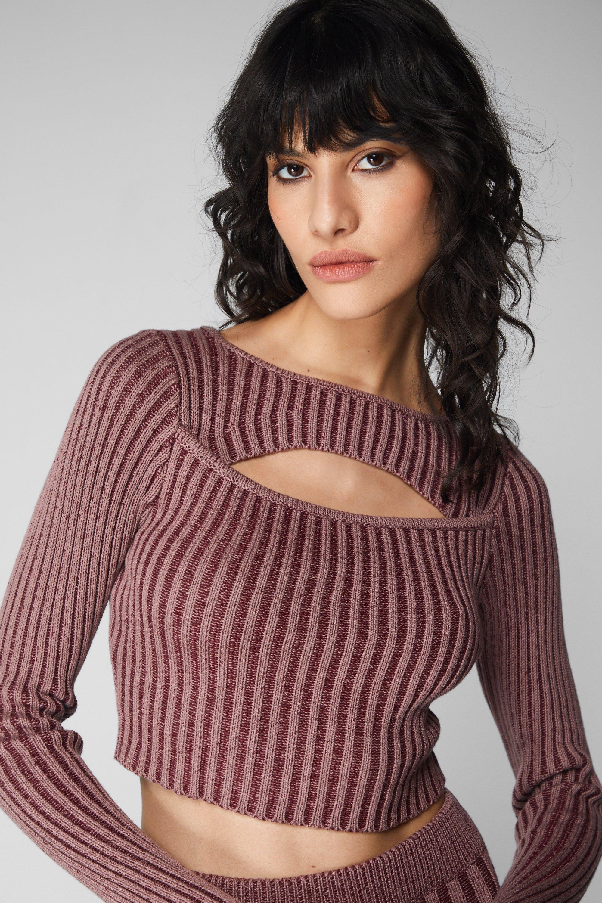 NastyGal Acid Wash Cut Out Detail Ribbed Knit Two Piece Set Mauve image 3