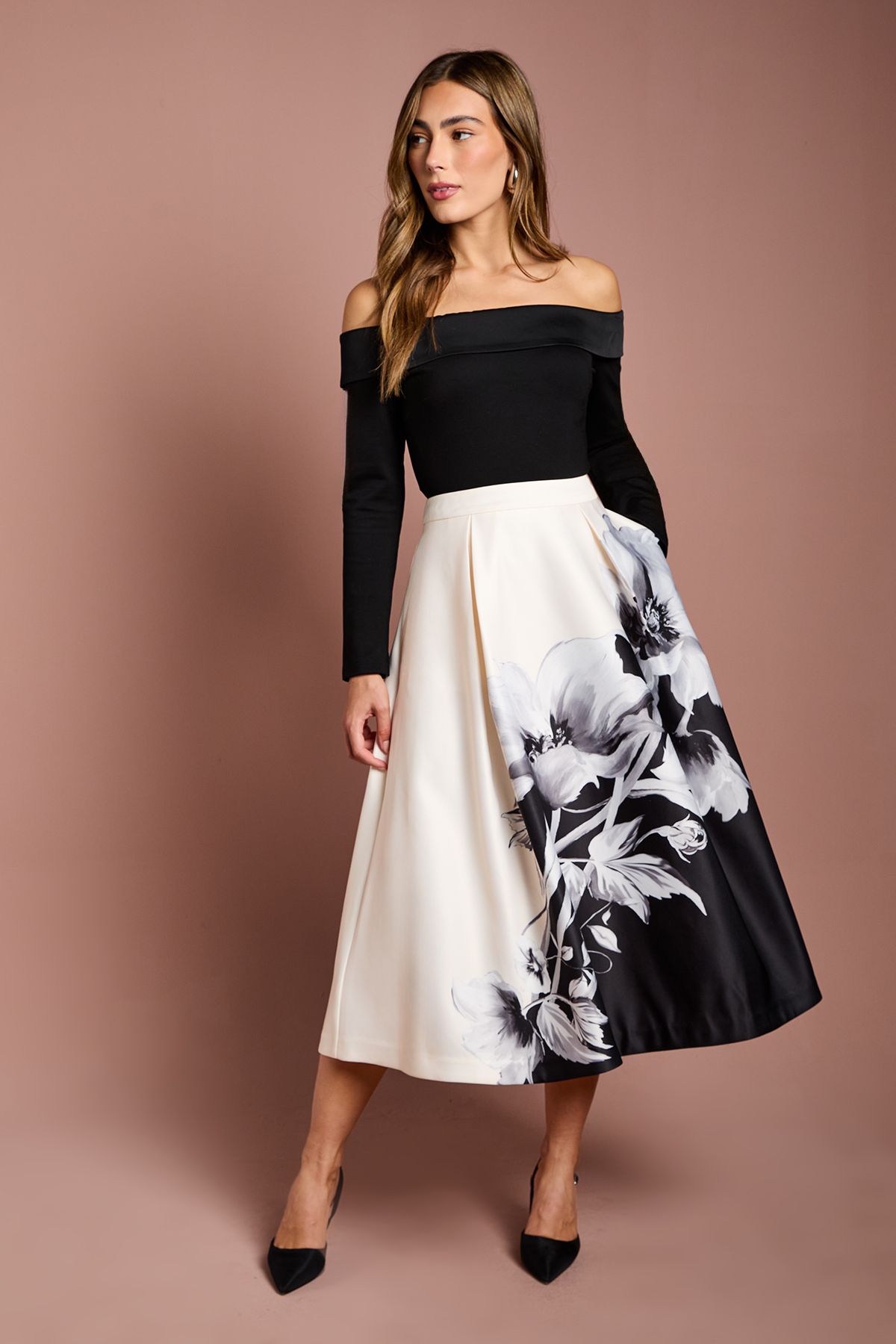 Coast Satin Midi Skirt With Placement Print Black