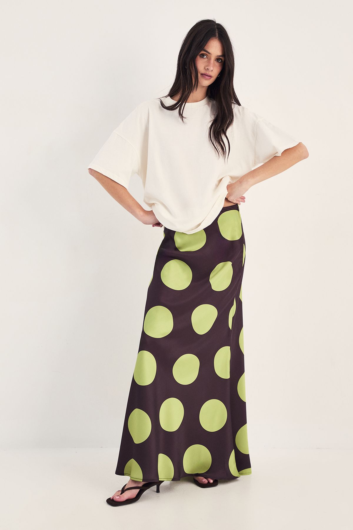 NastyGal Satin Polka Dot Bias Maxi Skirt Chocolate