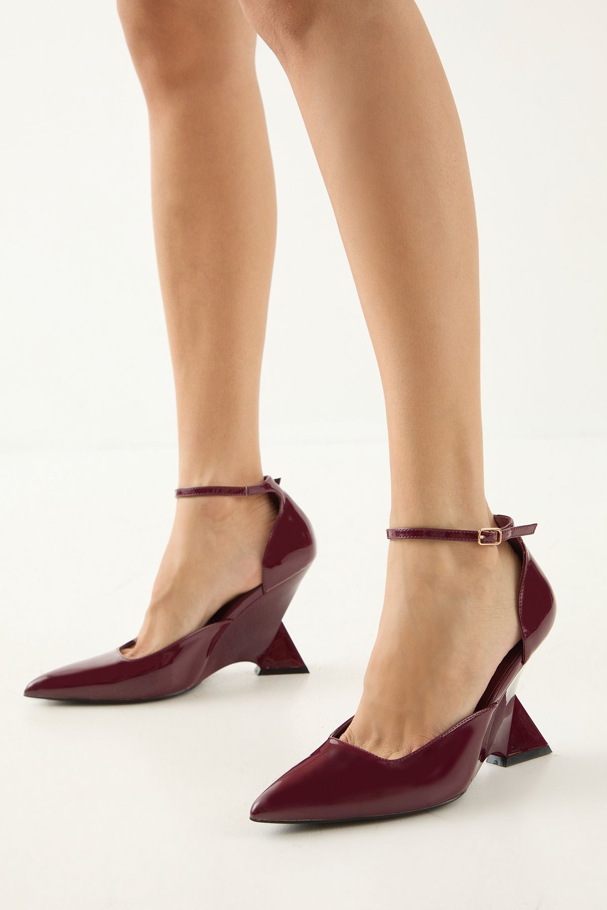 MissPap Faux Patent Leather Double Strap High Wedge Court Shoes Burgundy image 1