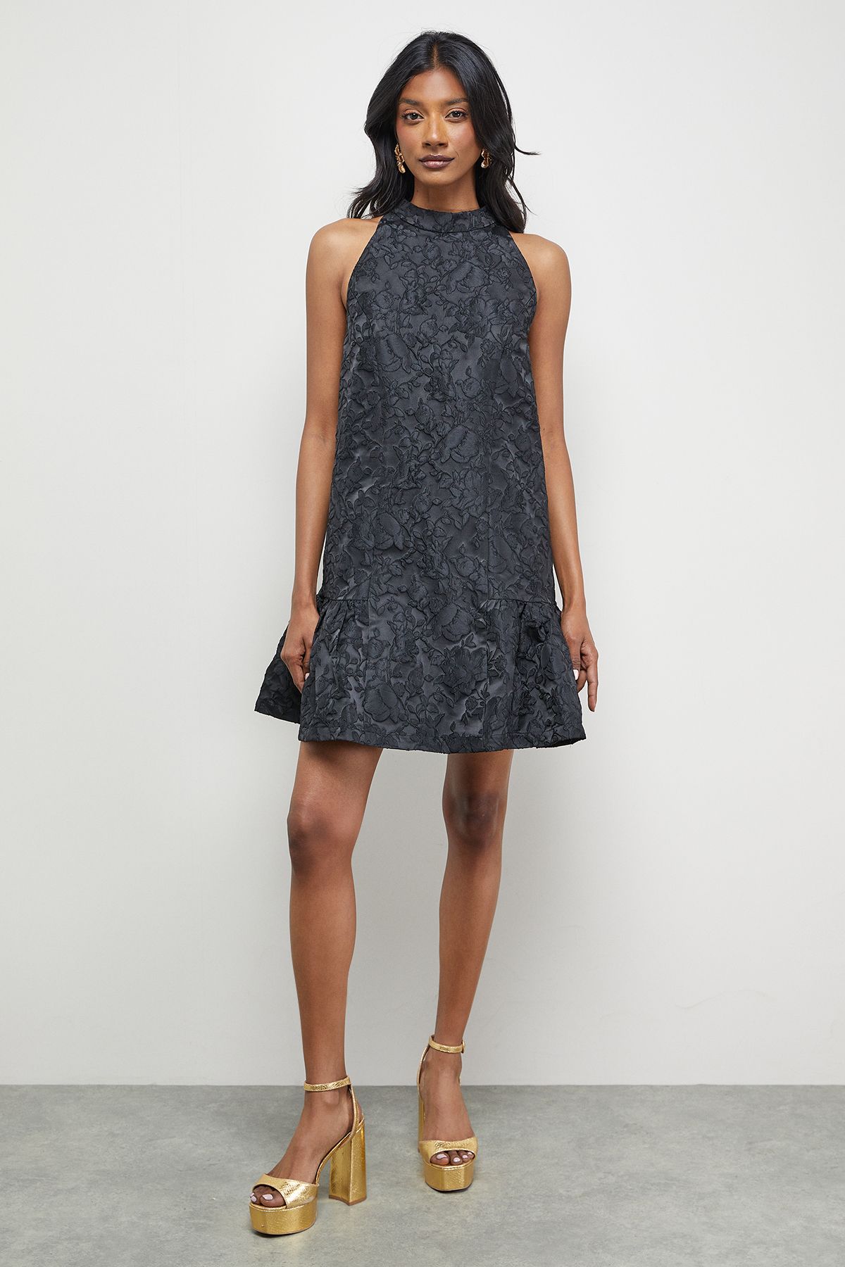 Warehouse Jacquard High Neck Drop Hem Mini Dress Black image 2