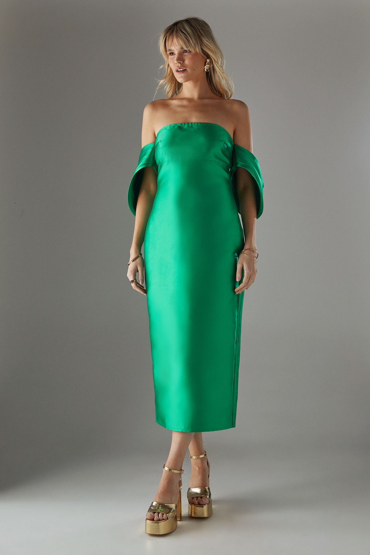 Warehouse Structured Puff Sleeve Bardot Midi Dress Bright Green image 1