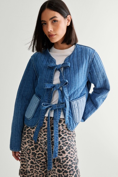 NastyGal Long Sleeve Reversible Tie Front Denim Jacket Authentic Midwash