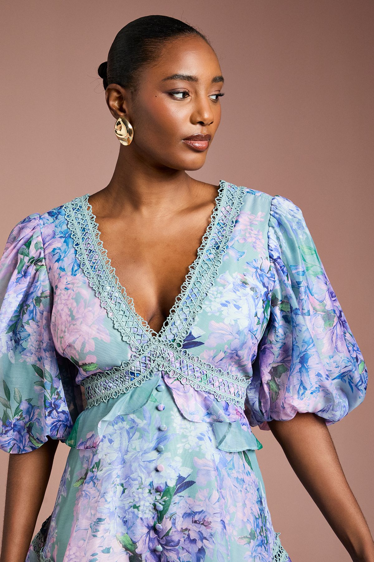 Coast Lace Trim Puff Sleeve Organza Mini Dress Sage image 4