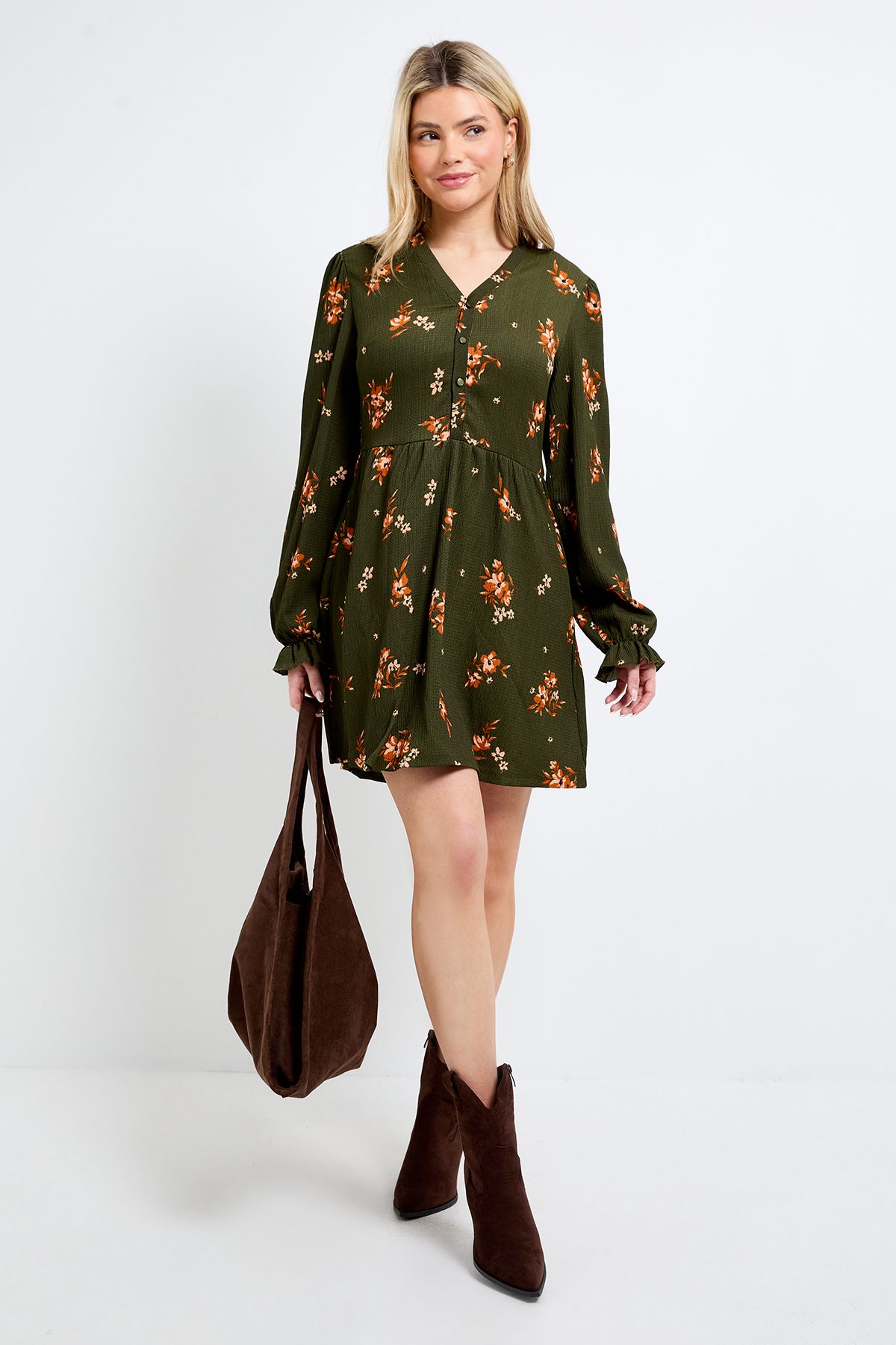 Dorothy Perkins Petite Floral Button Detail Blouson Sleeve Jersey Mini Dress Floral image 4