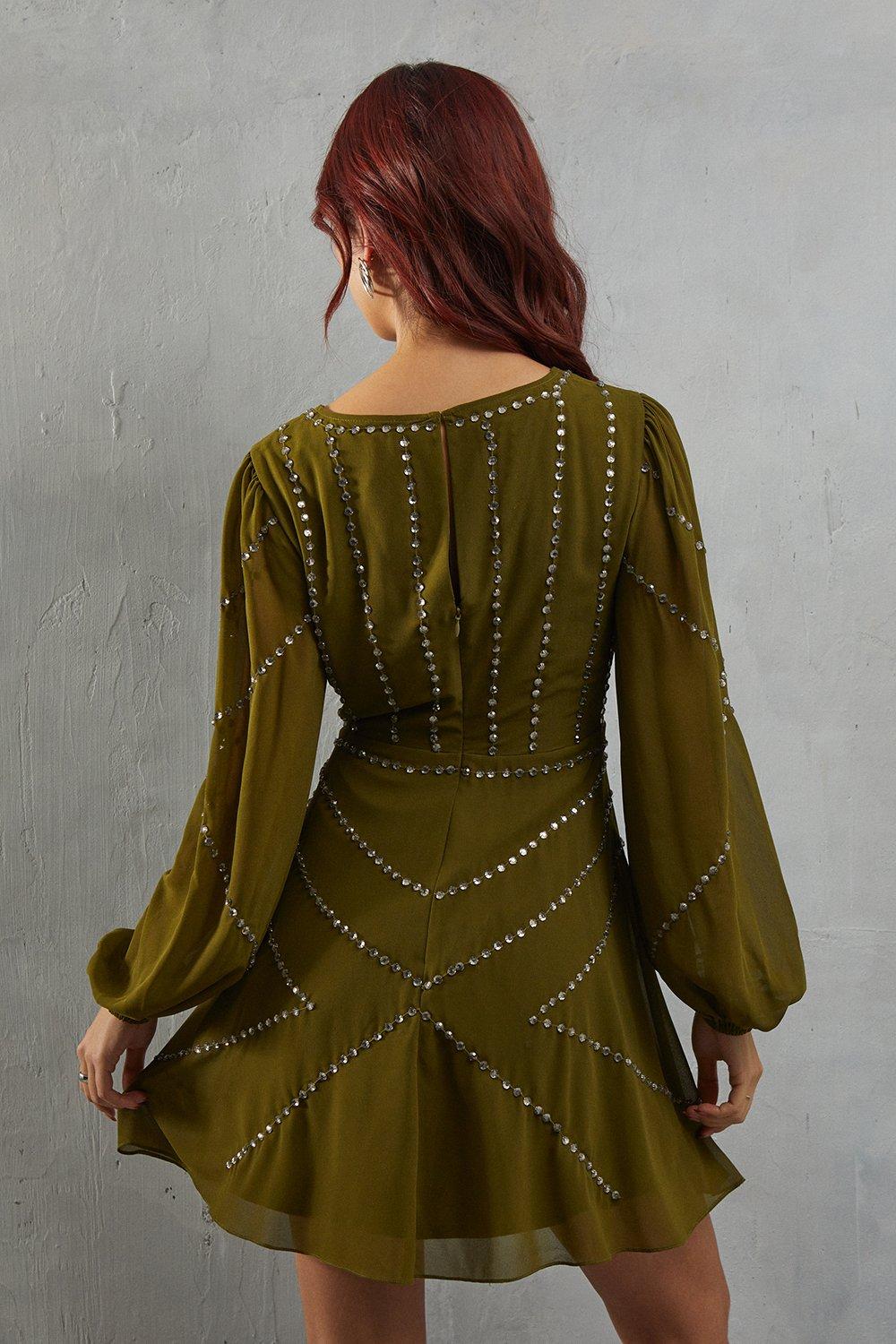 Warehouse Premium Chiffon Embellished Sequin Plunge Neck Mini Dress Olive image 3