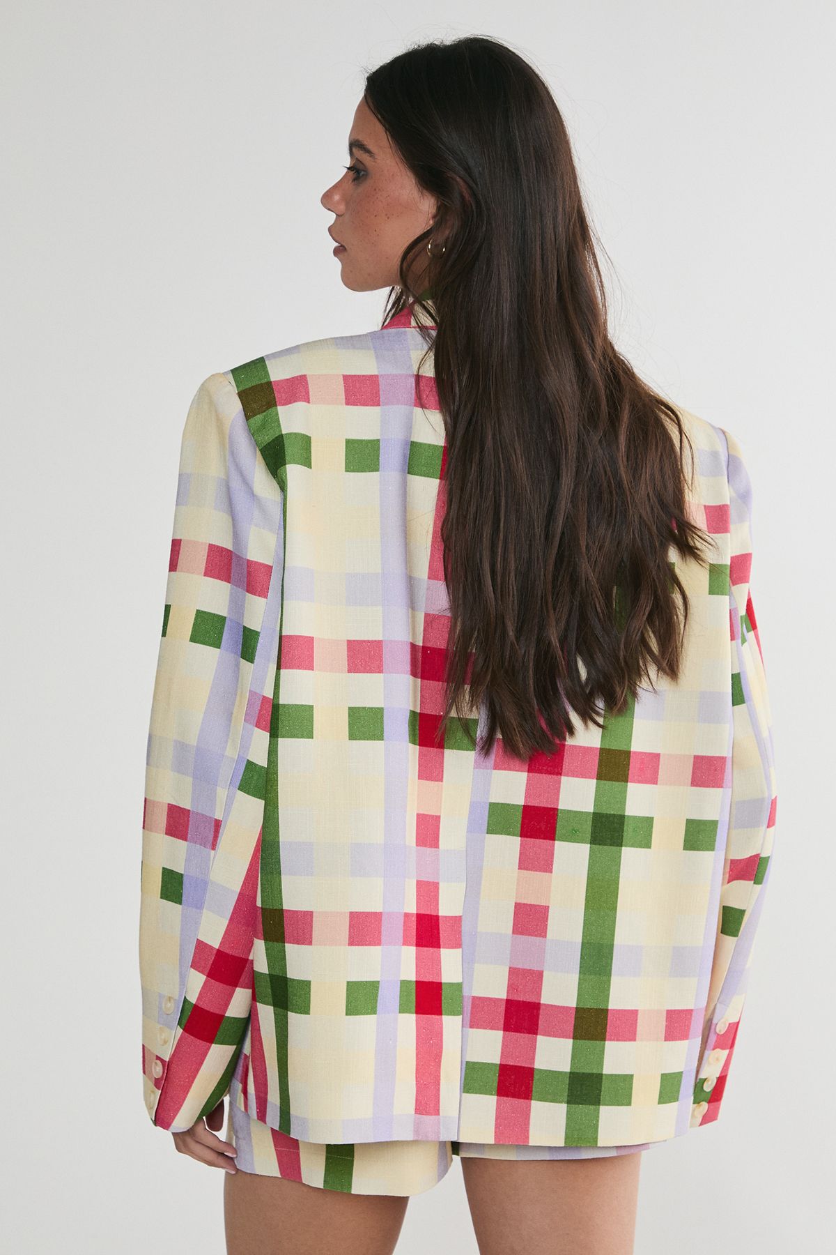 NastyGal Linen Mix Gingham Oversized Blazer Multi image 4