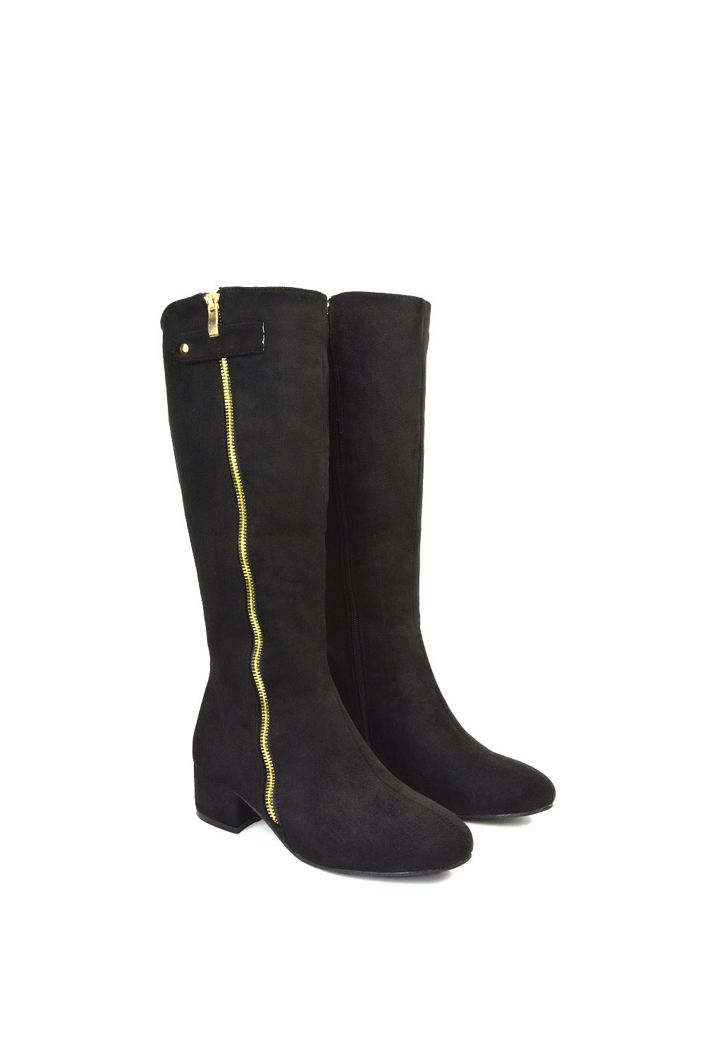 XY London 'Darcy' Low Block Heel Knee High Long Boots With Decorative Zip image 3