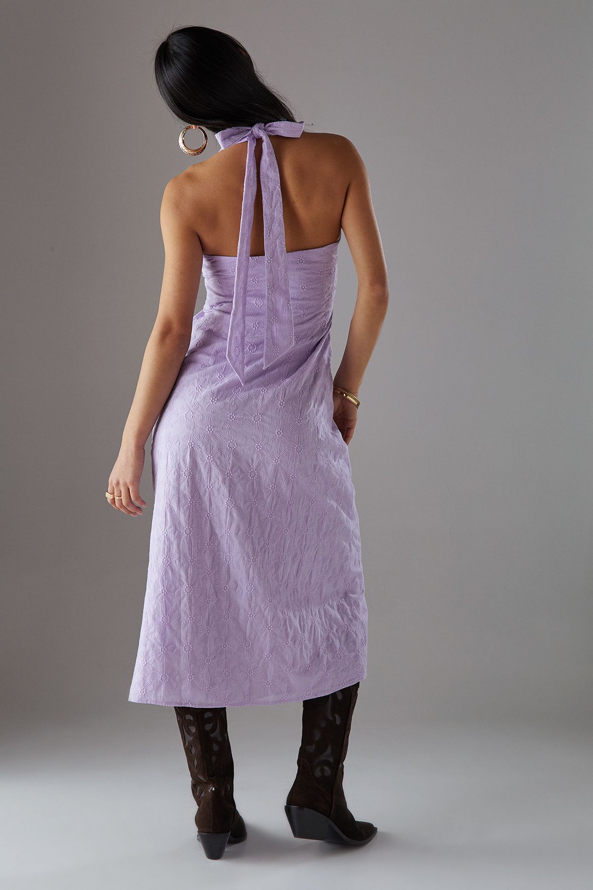 Warehouse Petite Floral Cotton Halter Midi Sundress Lilac image 4