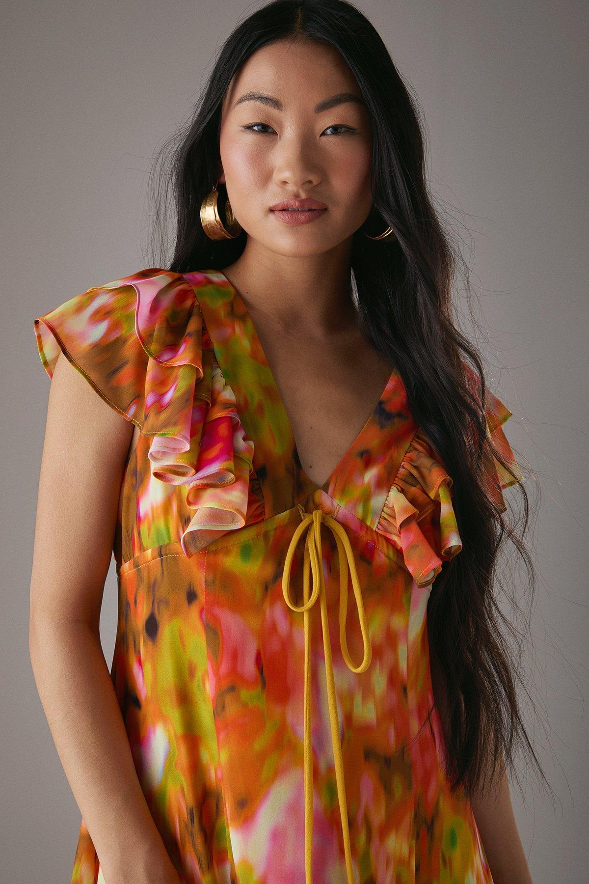 Warehouse Petite Floral Frill Tie Front Midi Tea Dress Floral image 4