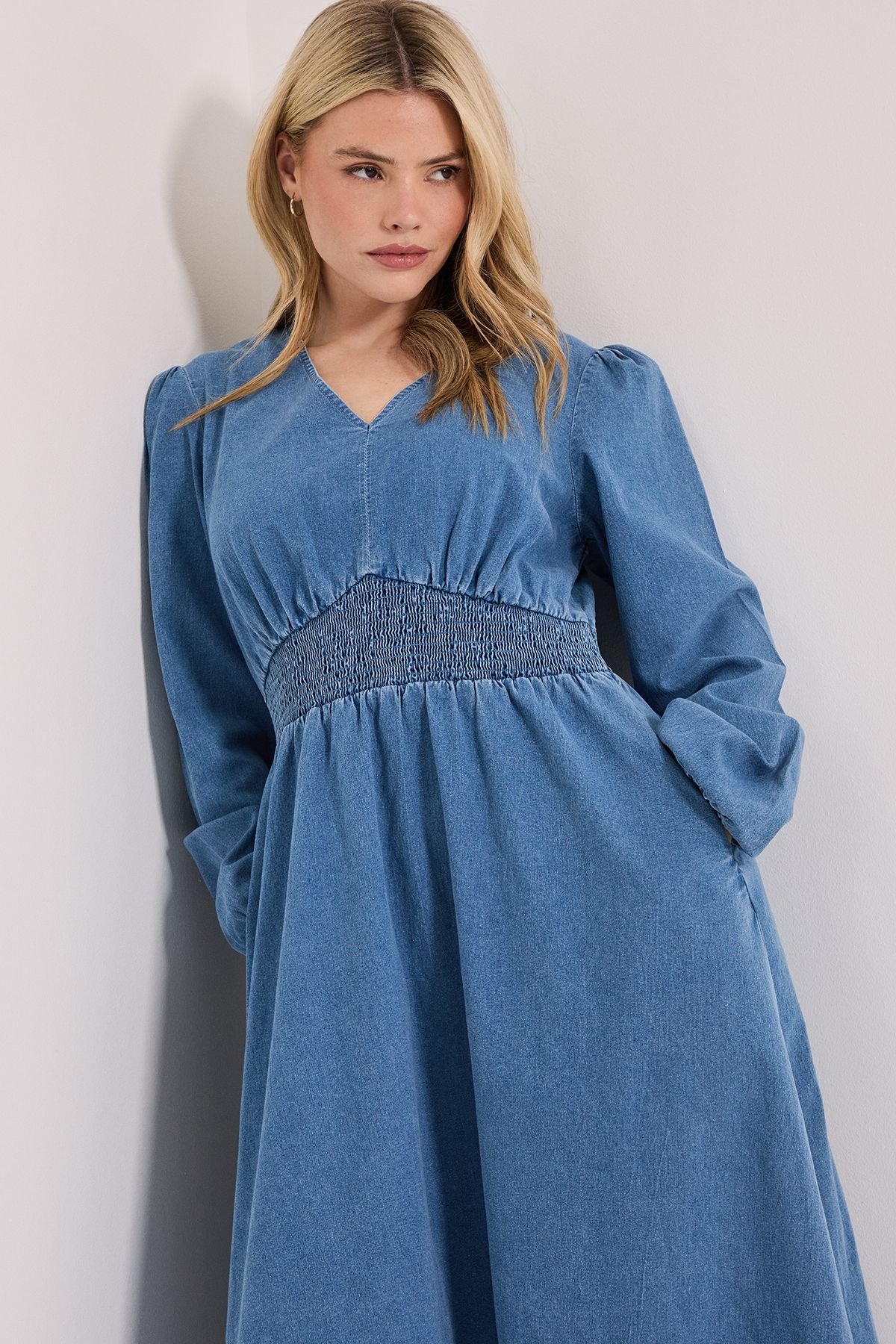 Dorothy Perkins Shirred Waist Long Sleeve Denim Midi Dress Mid Wash image 2