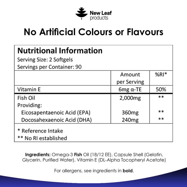 New leaf health Omega 3 2000mg Capsules - High Dose Fish Oil - Enriched with Vitamin E - One A Day Pure Fish Oil Gel Capsule - Helps Maintain Healthy Eyes, Brain Function, & Skin - GMO-Free, GMP, & UK Made image 6