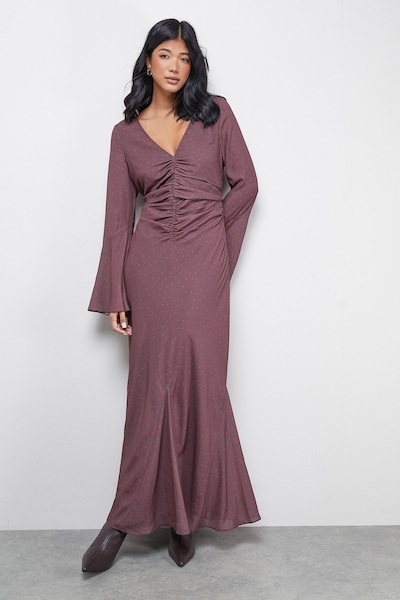 Warehouse Premium Georgette Ruched Front Flutter Cuff Maxi Dress Chocolate