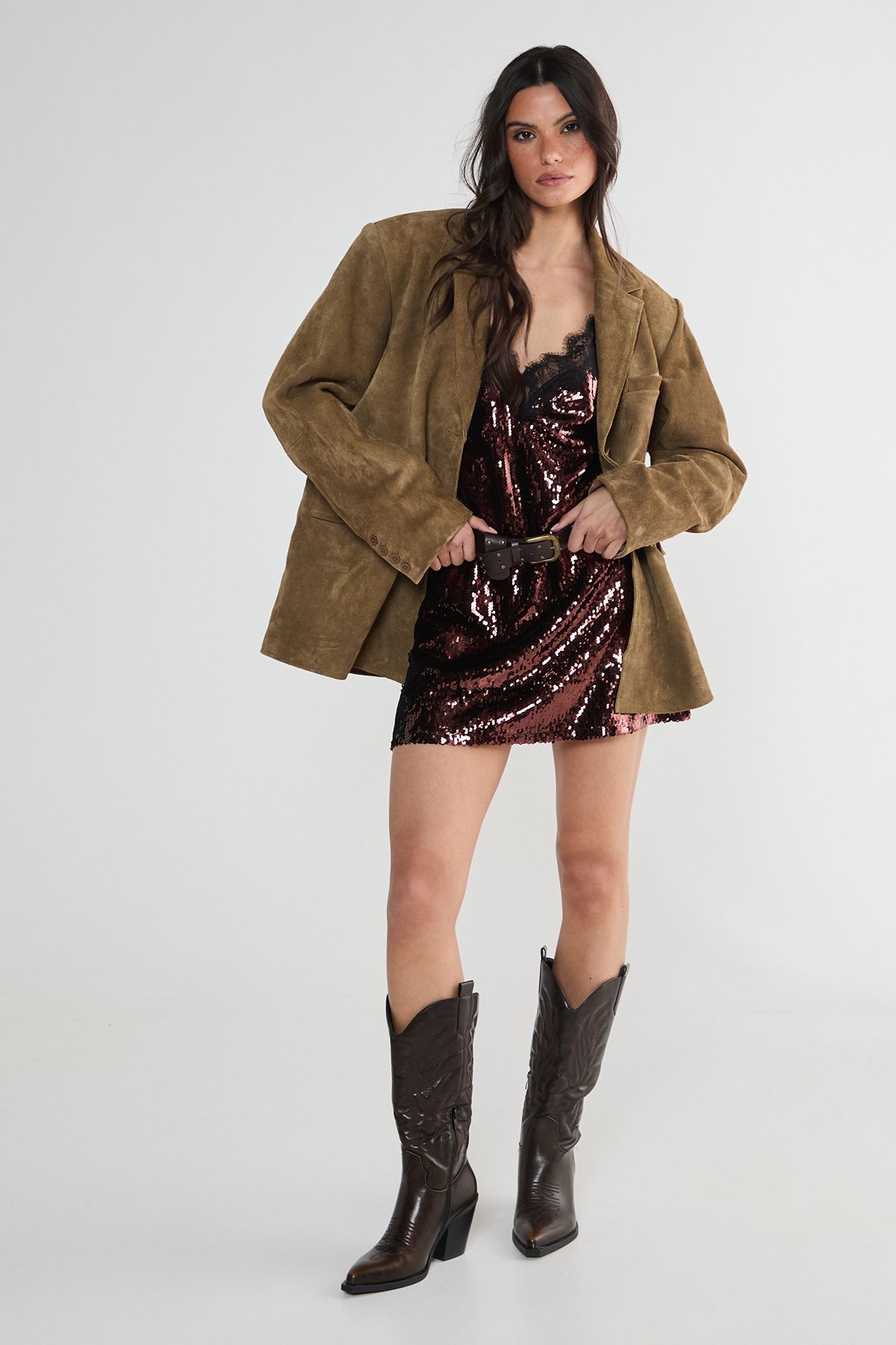 NastyGal Sequin Lace Trim Mini Slip Dress Chocolate image 2