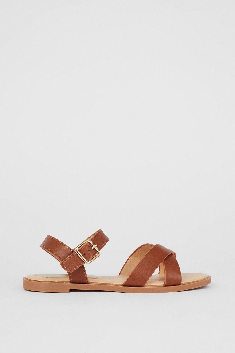 Dorothy Perkins Florence Faux Leather Cross Strap Flat Sandals Tan image 2