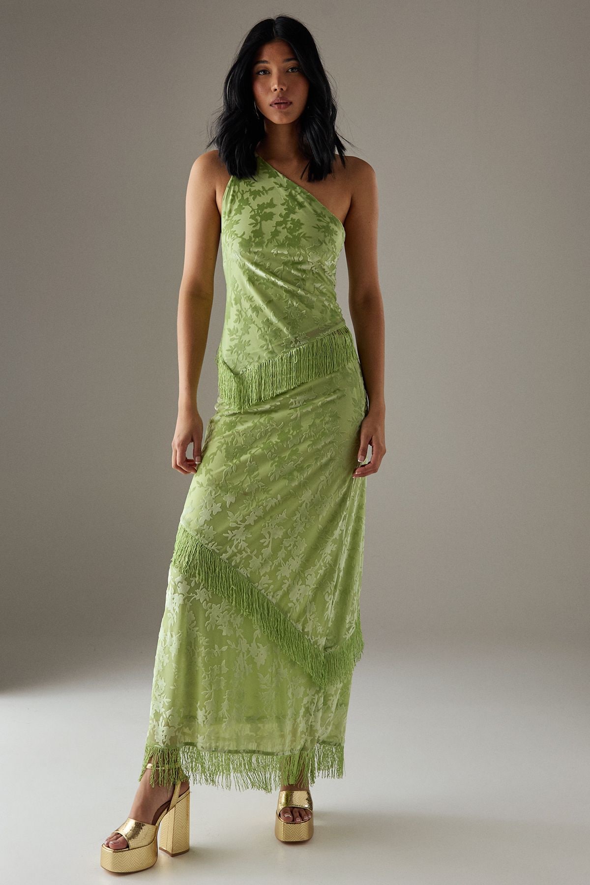 Warehouse Devore One Shoulder Fringe Cami Top Apple Green image 2