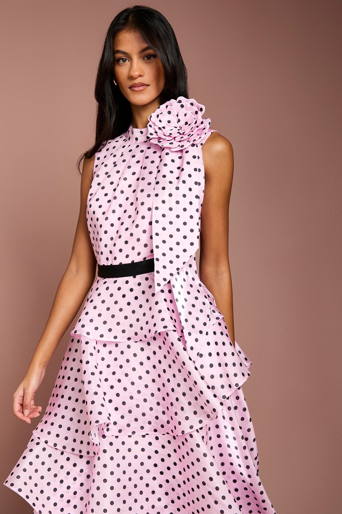 Coast Petite Polka Dot Tiered Organza Midi Dress Pink image 4