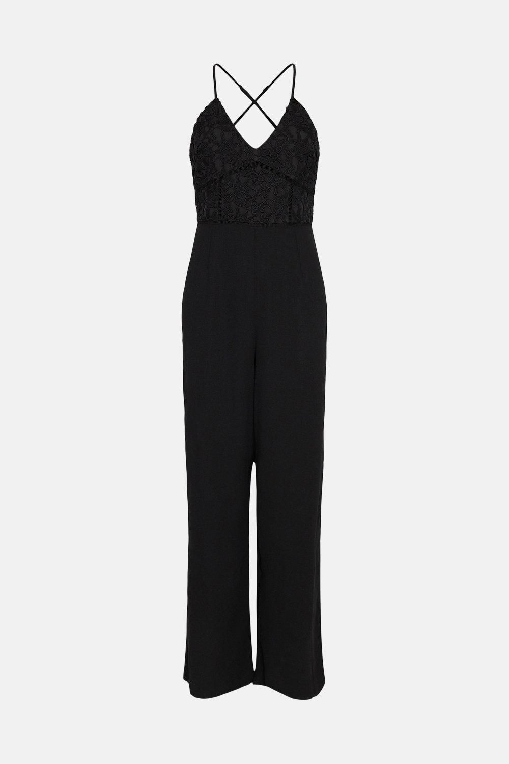 Oasis Strappy Lace Mix Crepe Wide Leg Jumpsuit Black image 4