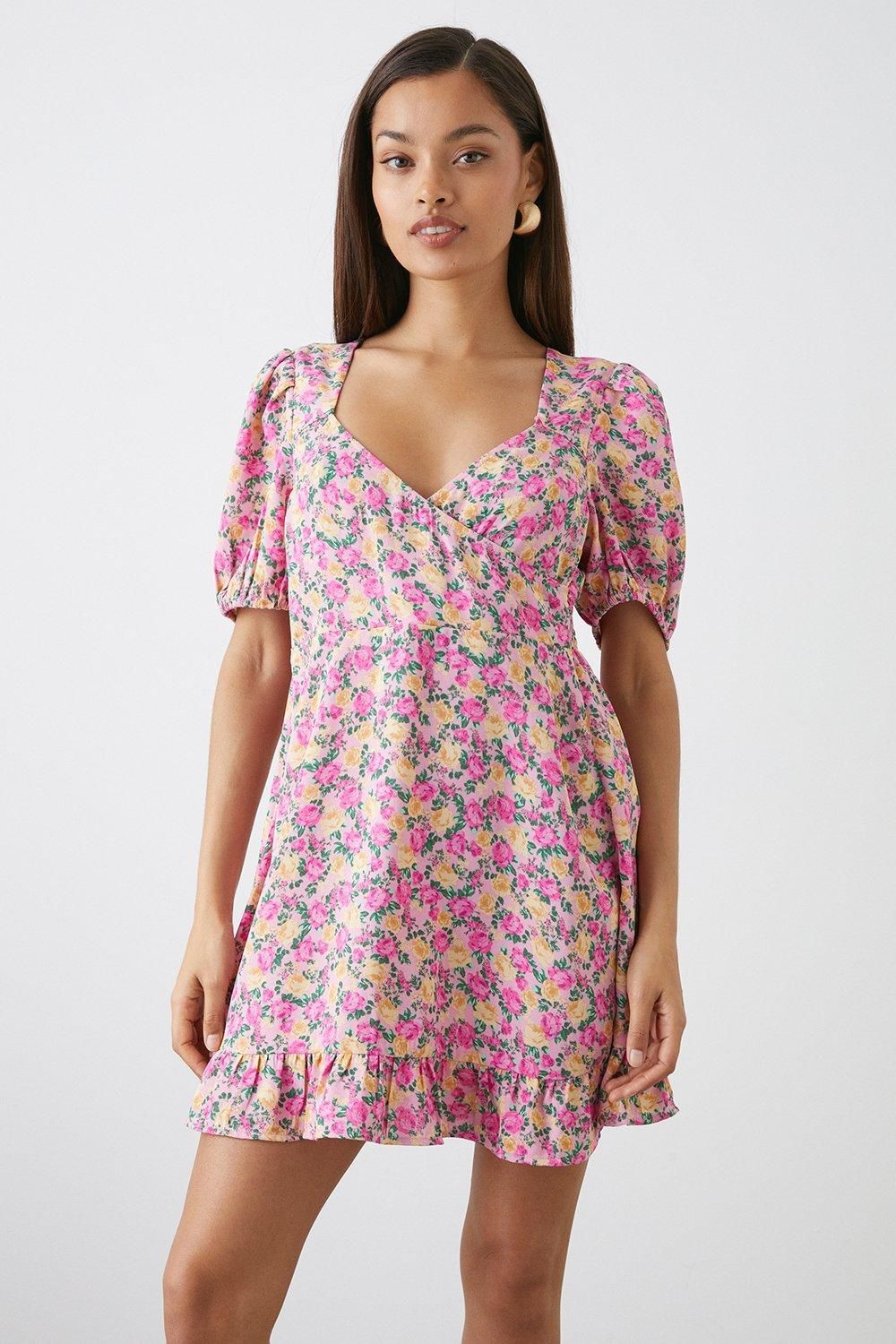 Dorothy Perkins Petite Pink Rose Print Wrap Ruffle Hem Mini Dress Pink image 1