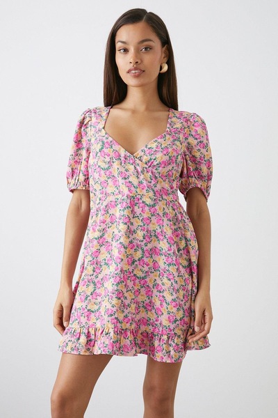 Dorothy Perkins Petite Pink Rose Print Wrap Ruffle Hem Mini Dress Pink