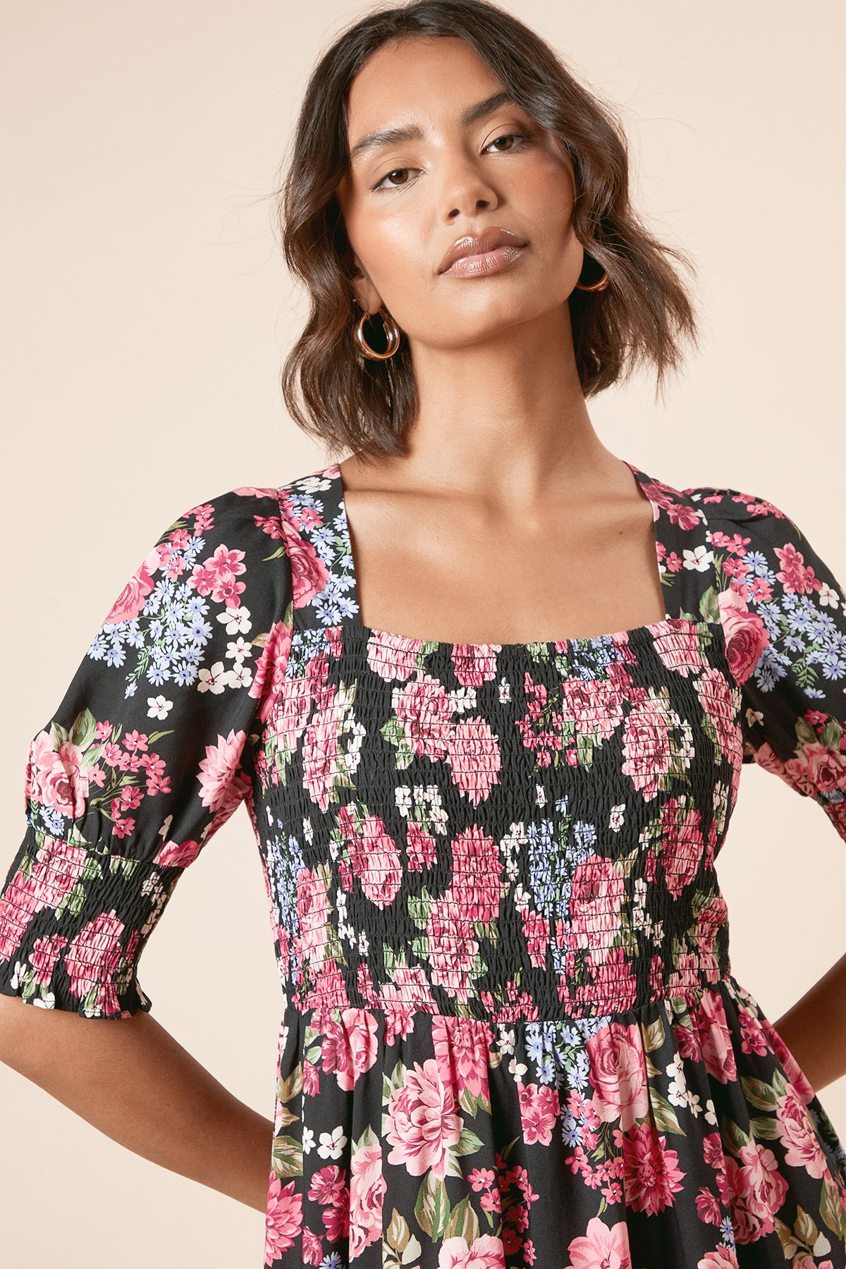 Dorothy Perkins Black Floral Shirred Bodice Puff Sleeve Square Neck Midi Dress Black image 3