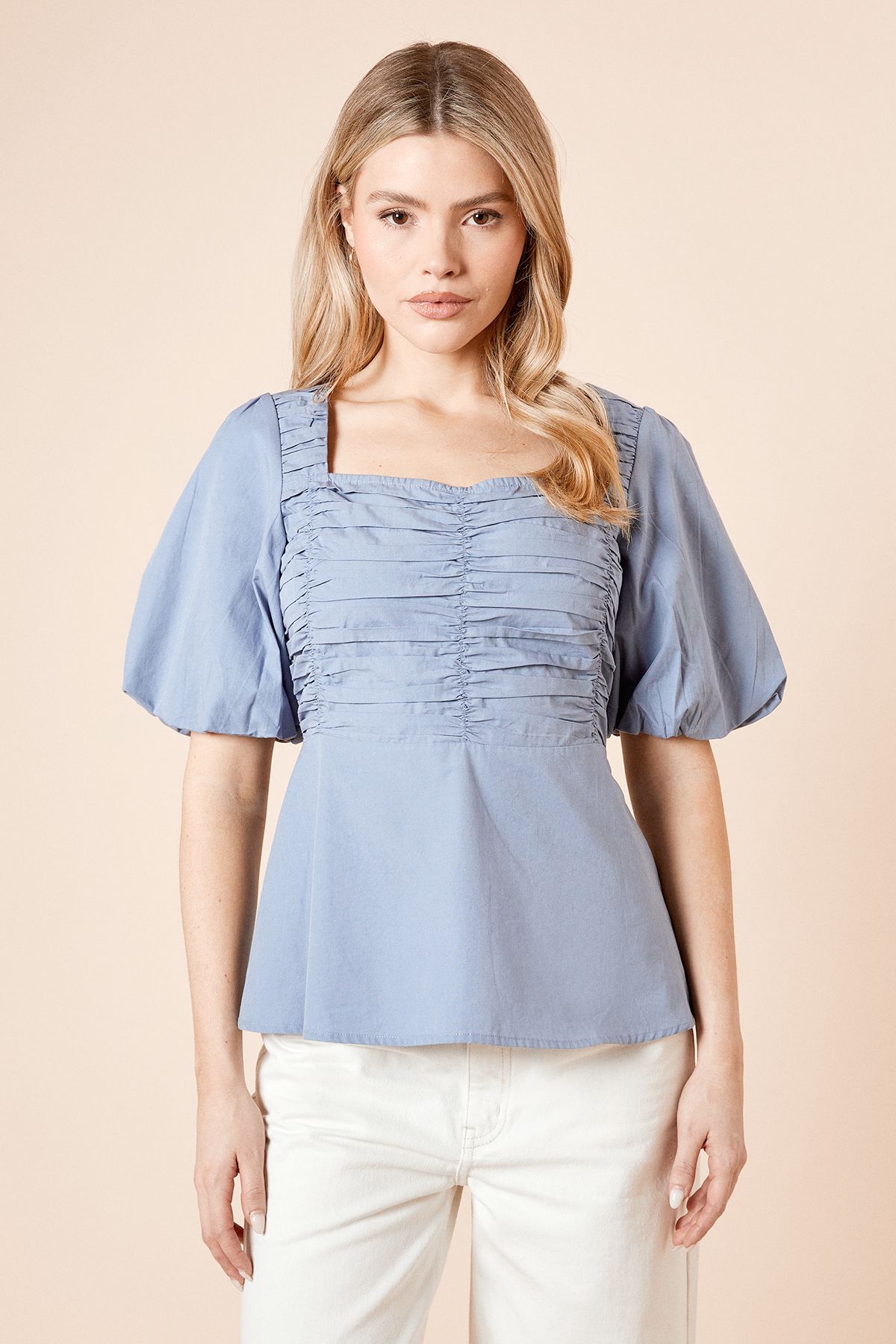 Dorothy Perkins Poplin Puff Sleeve Ruched Bodice Blouse Blue image 2