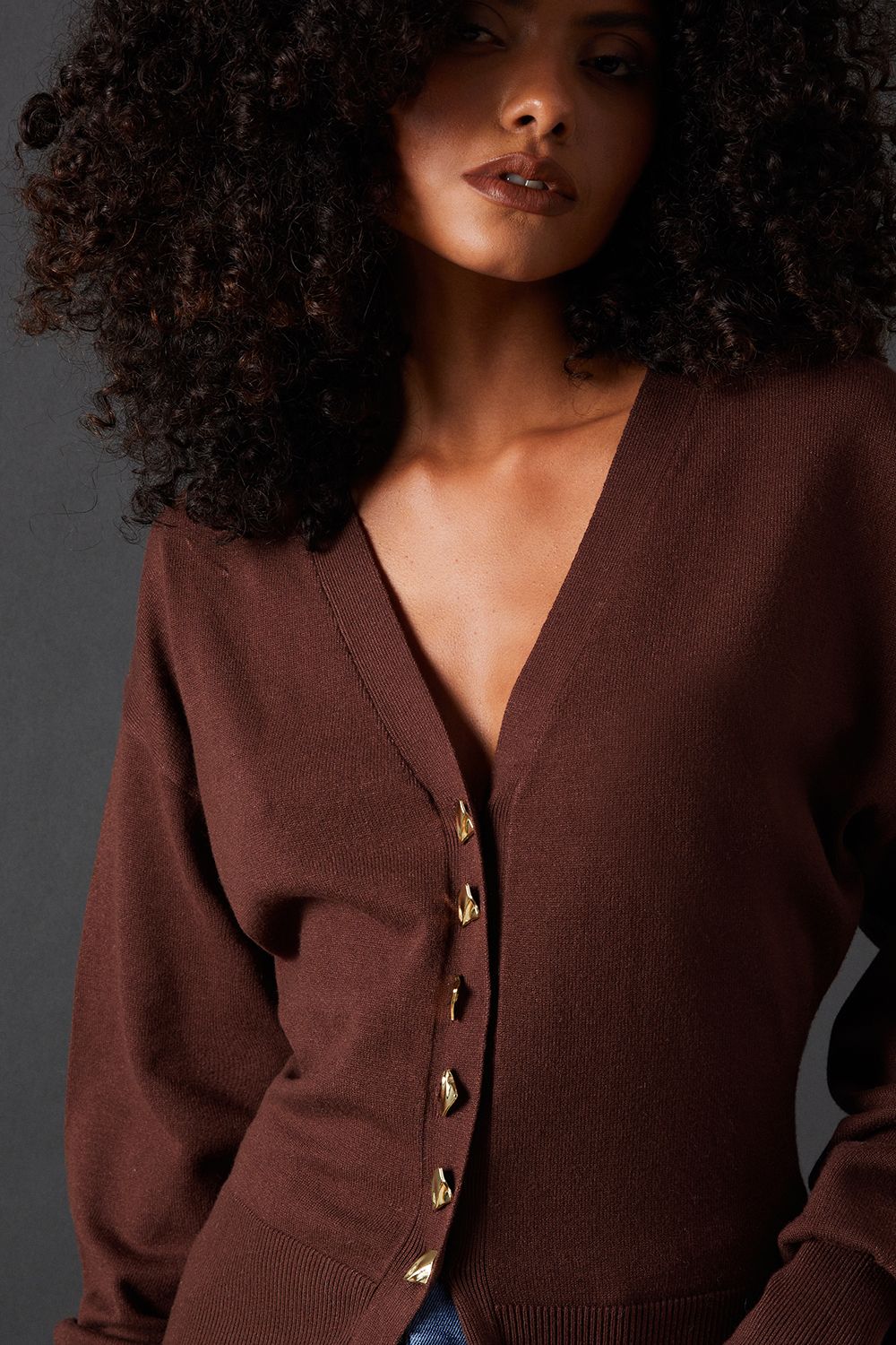 Warehouse Fit And Flare Plunge V Neck Cardigan Chocolate image 2