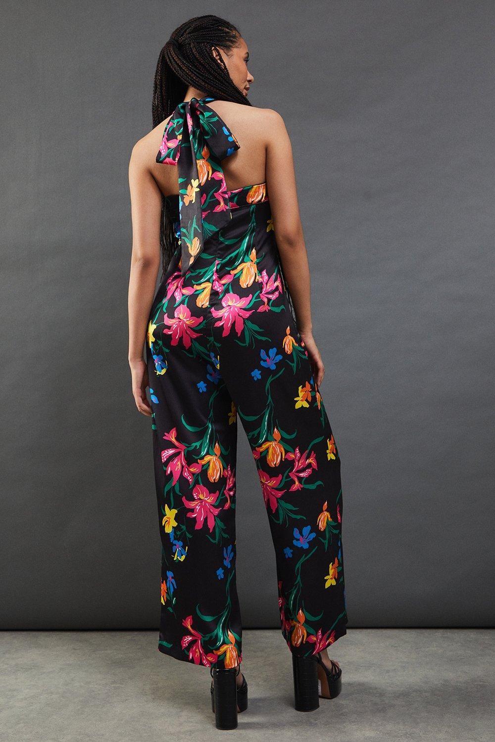 Warehouse Floral Satin Halterneck Jumpsuit Black image 3